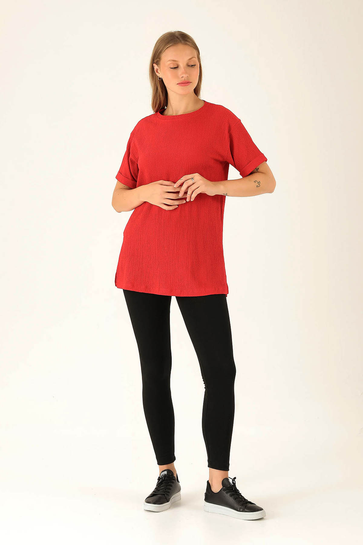 Kol Katlama Oversize Bayan Bluz - 6834A Kırmızı - 3