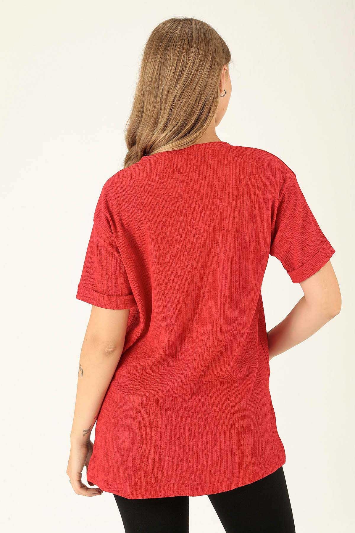 Kol Katlama Oversize Bayan Bluz - 6834A Kırmızı - 5