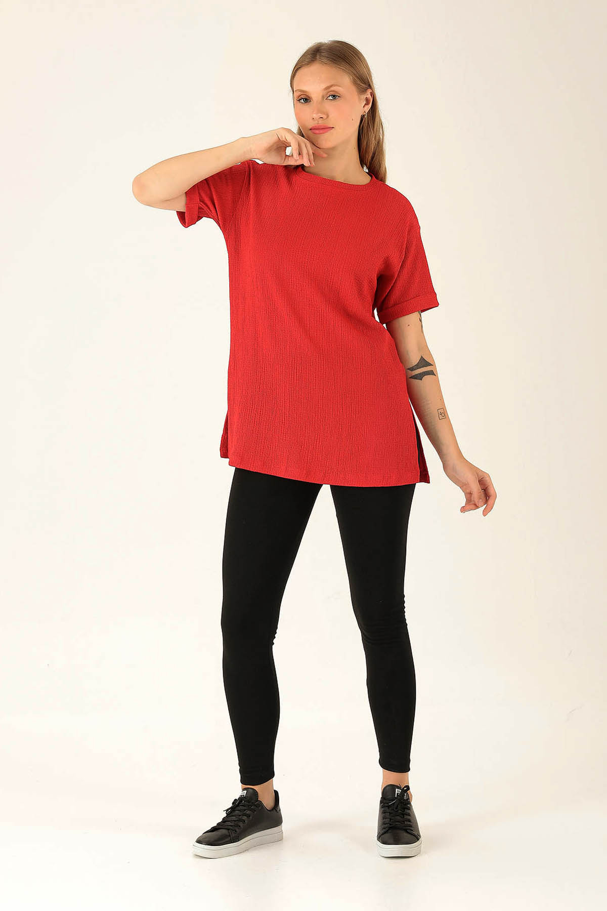 Kol Katlama Oversize Bayan Bluz - 6834A Kırmızı - 4