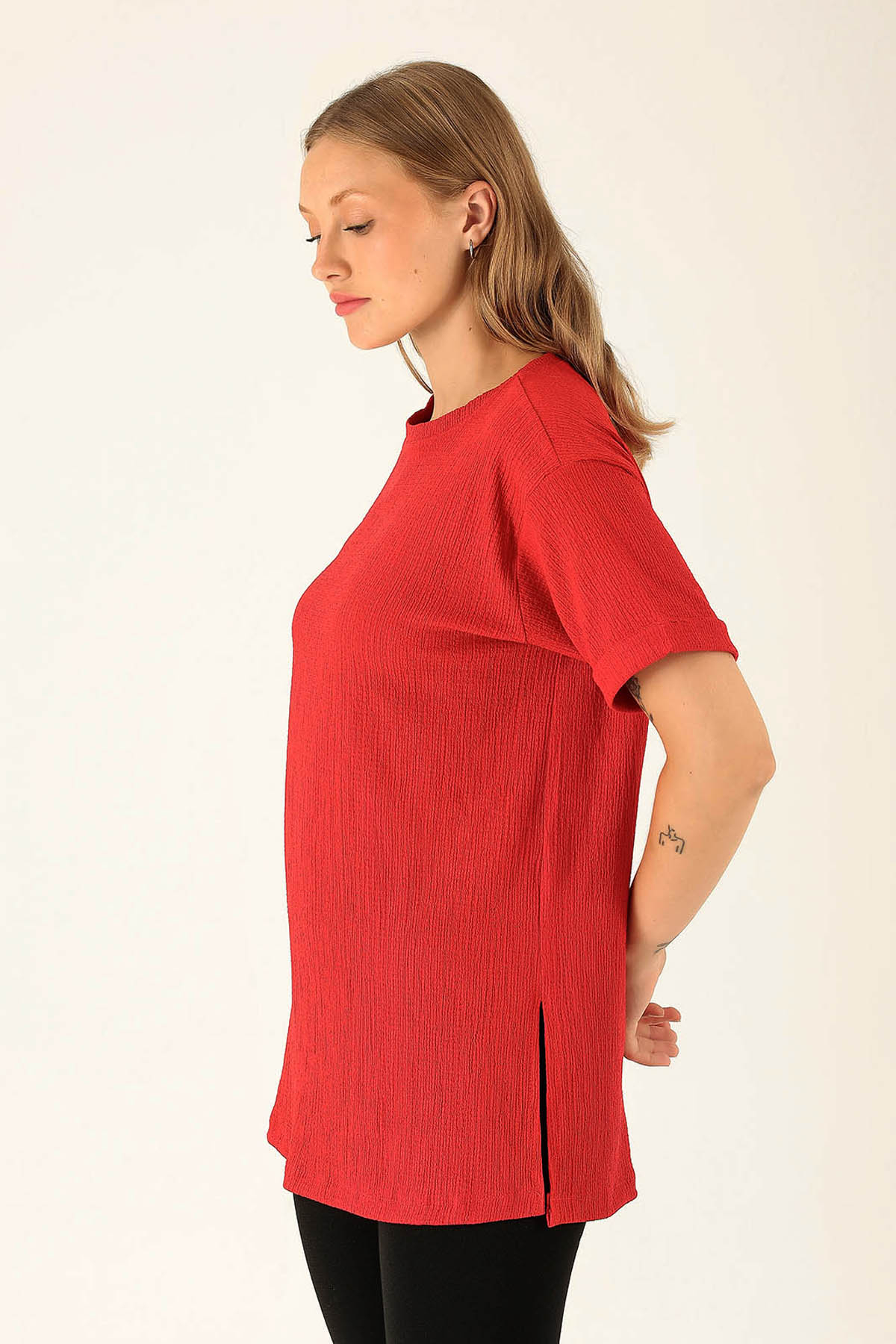 Kol Katlama Oversize Bayan Bluz - 6834A Kırmızı - 2