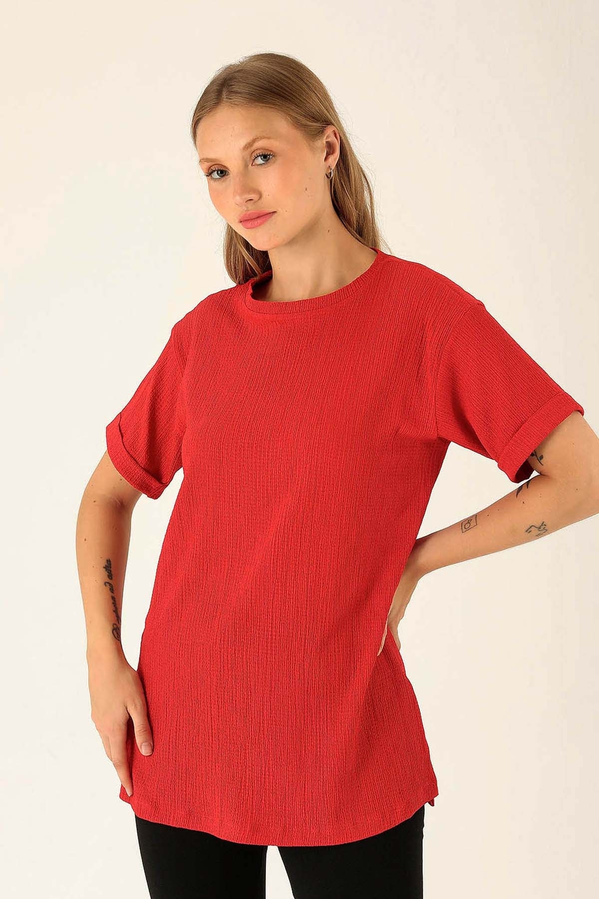 Kol Katlama Oversize Bayan Bluz - 6834A Kırmızı 