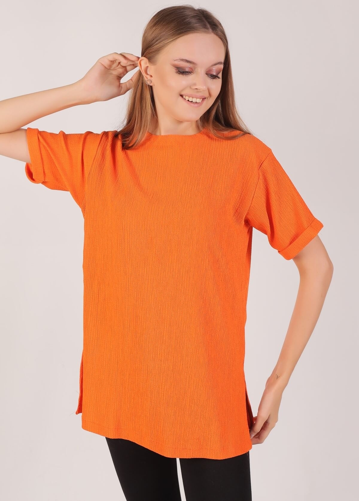 Kol Katlama Oversize Bayan Bluz - 6834A Orange - 2