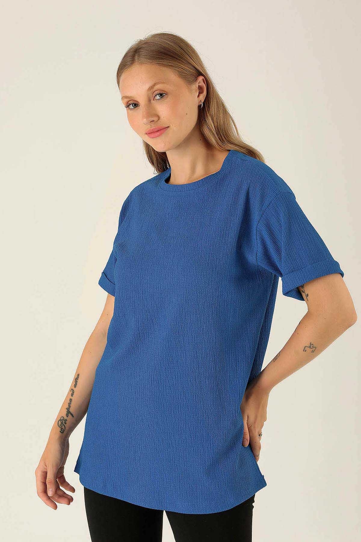 Kol Katlama Oversize Bayan Bluz - 6834A Saks - 1