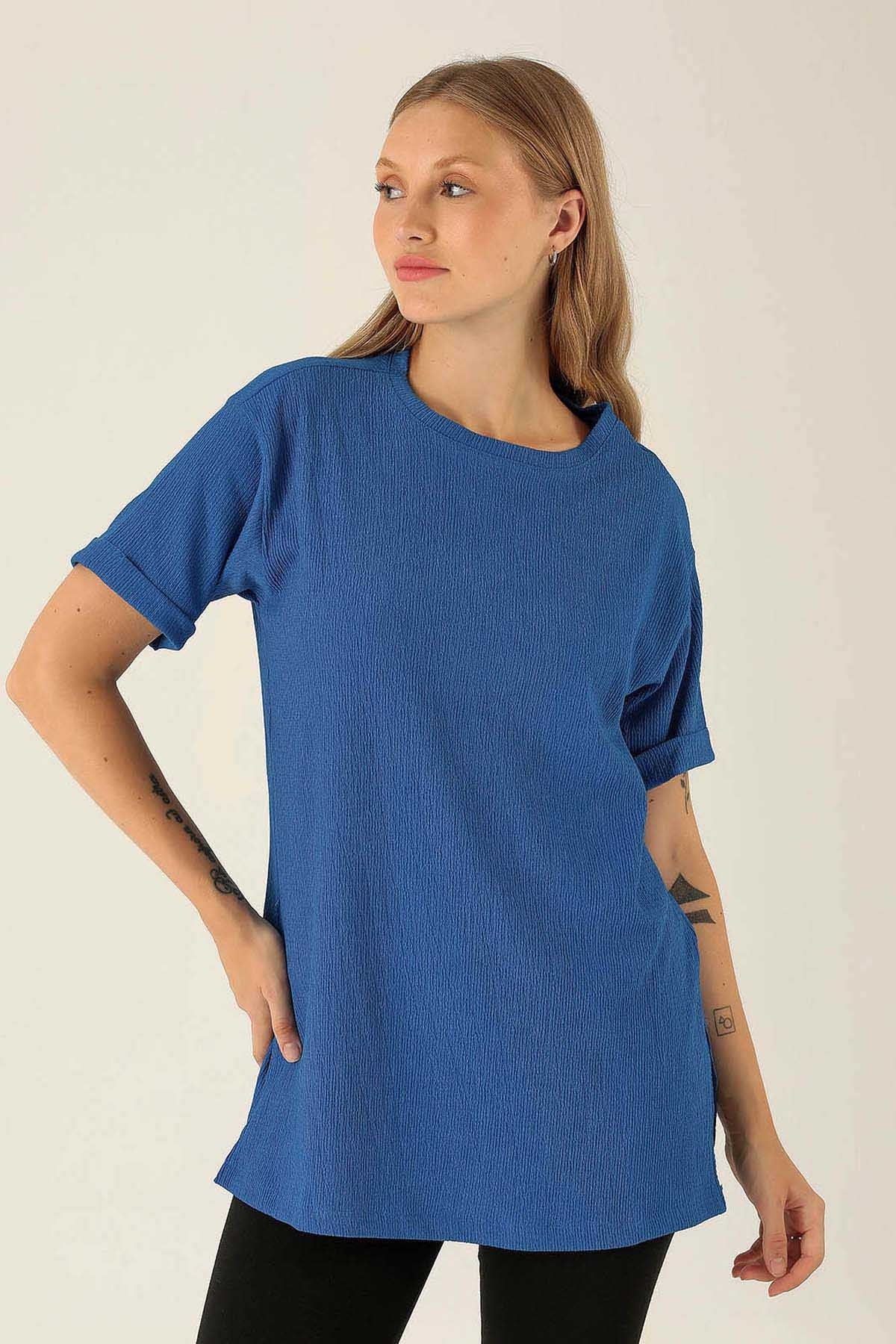 Kol Katlama Oversize Bayan Bluz - 6834A Saks - 2