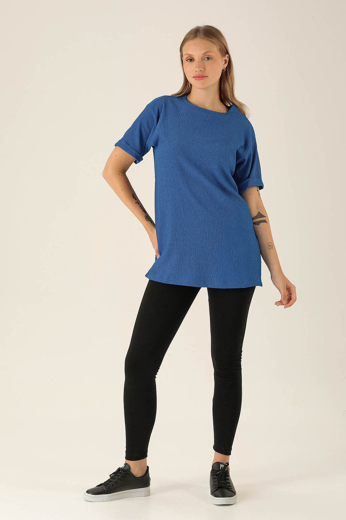 Kol Katlama Oversize Bayan Bluz - 6834A Saks - 4