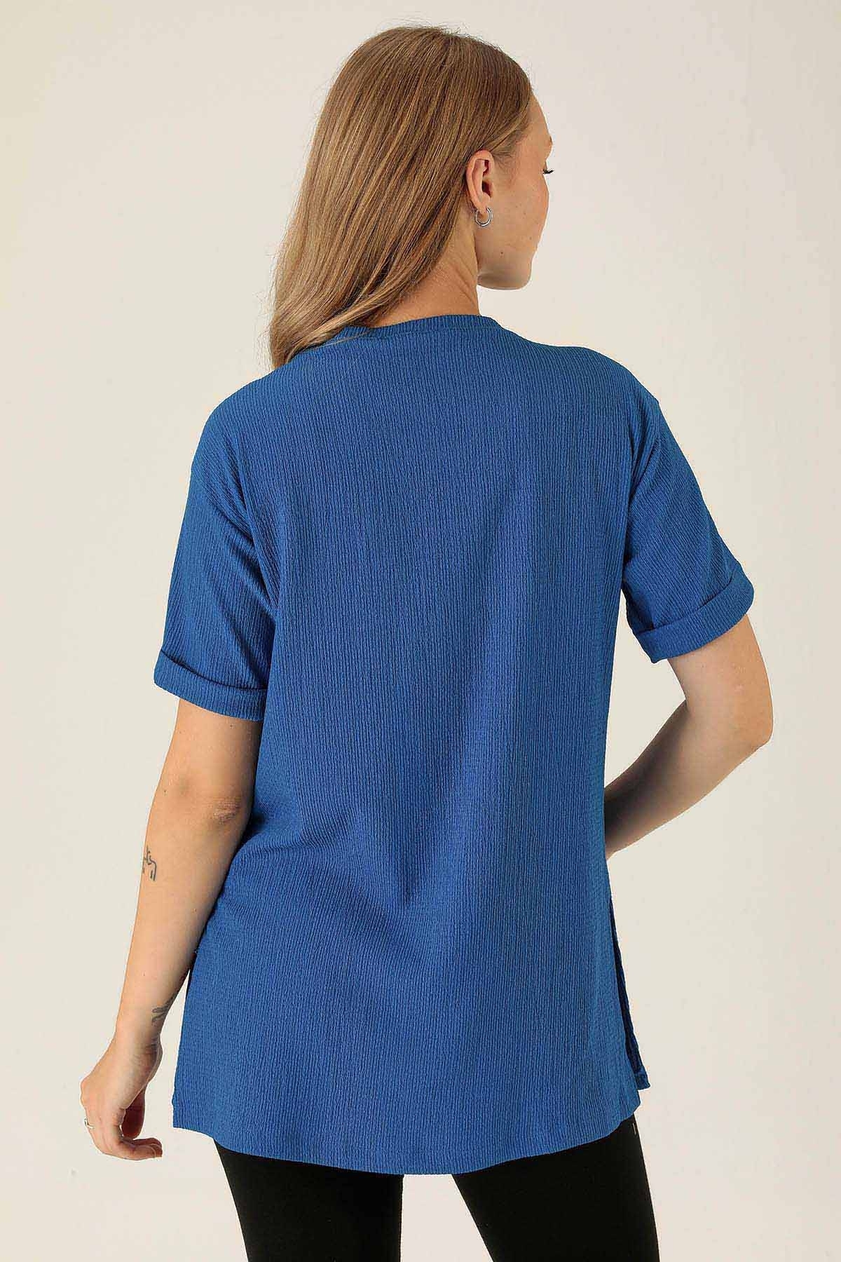 Kol Katlama Oversize Bayan Bluz - 6834A Saks - 5