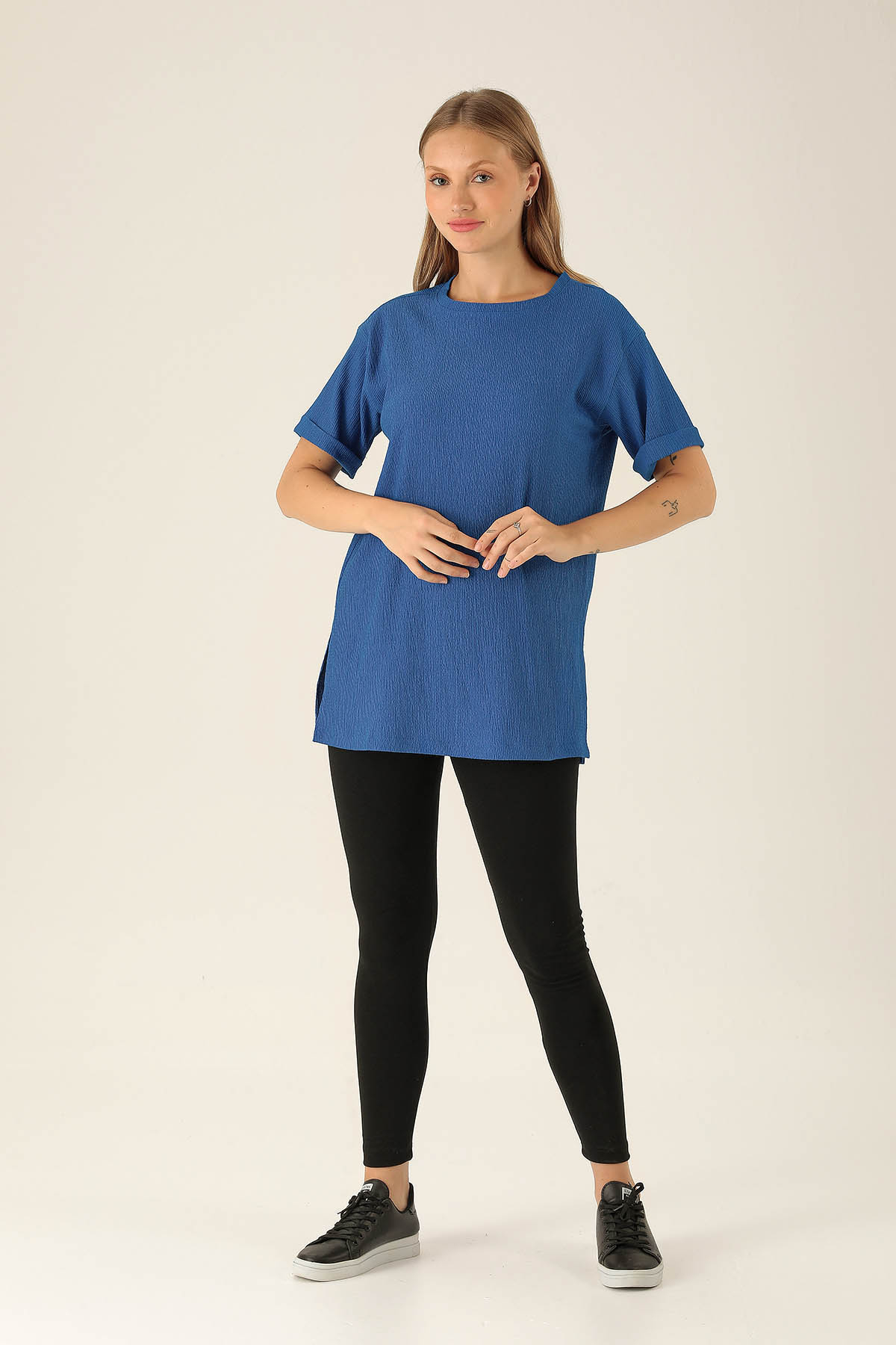 Kol Katlama Oversize Bayan Bluz - 6834A Saks - 3