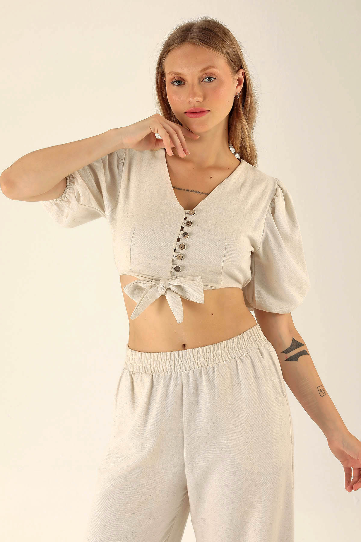 Kol Lastik Bağlamalı Bluz - 1456 Natural 
