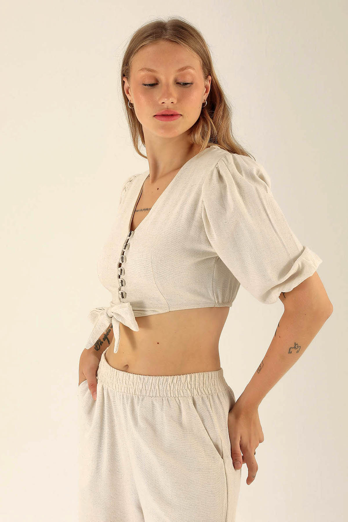 Kol Lastik Bağlamalı Bluz - 1456 Natural - 2