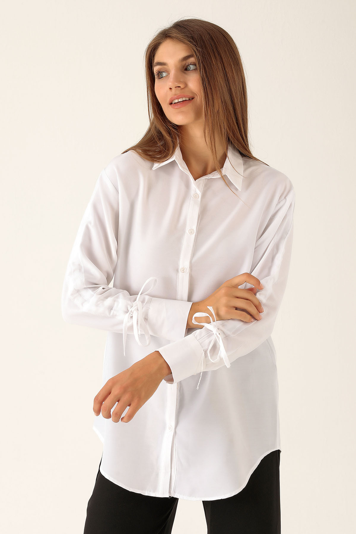 Kolları Büzgülü Bayan Gömlek - 6436A Beyaz 