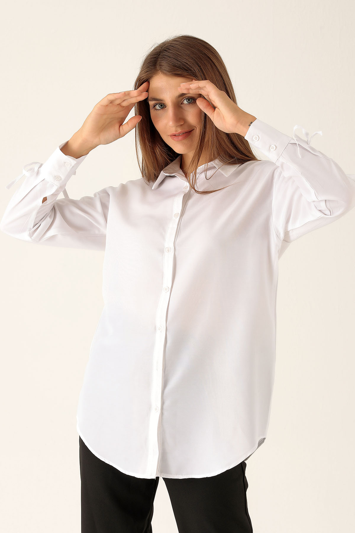 Kolları Büzgülü Bayan Gömlek - 6436A Beyaz - 2