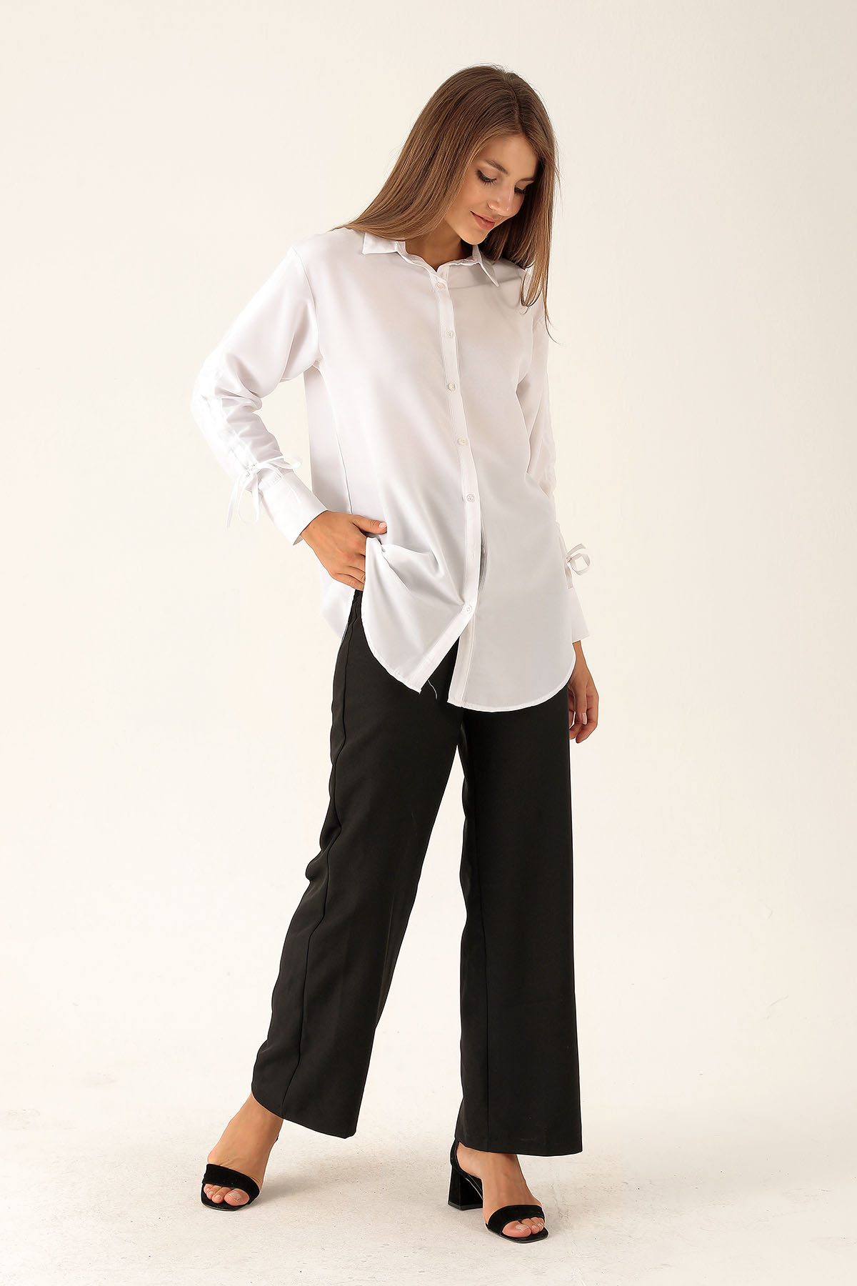 Kolları Büzgülü Bayan Gömlek - 6436A Beyaz - 4