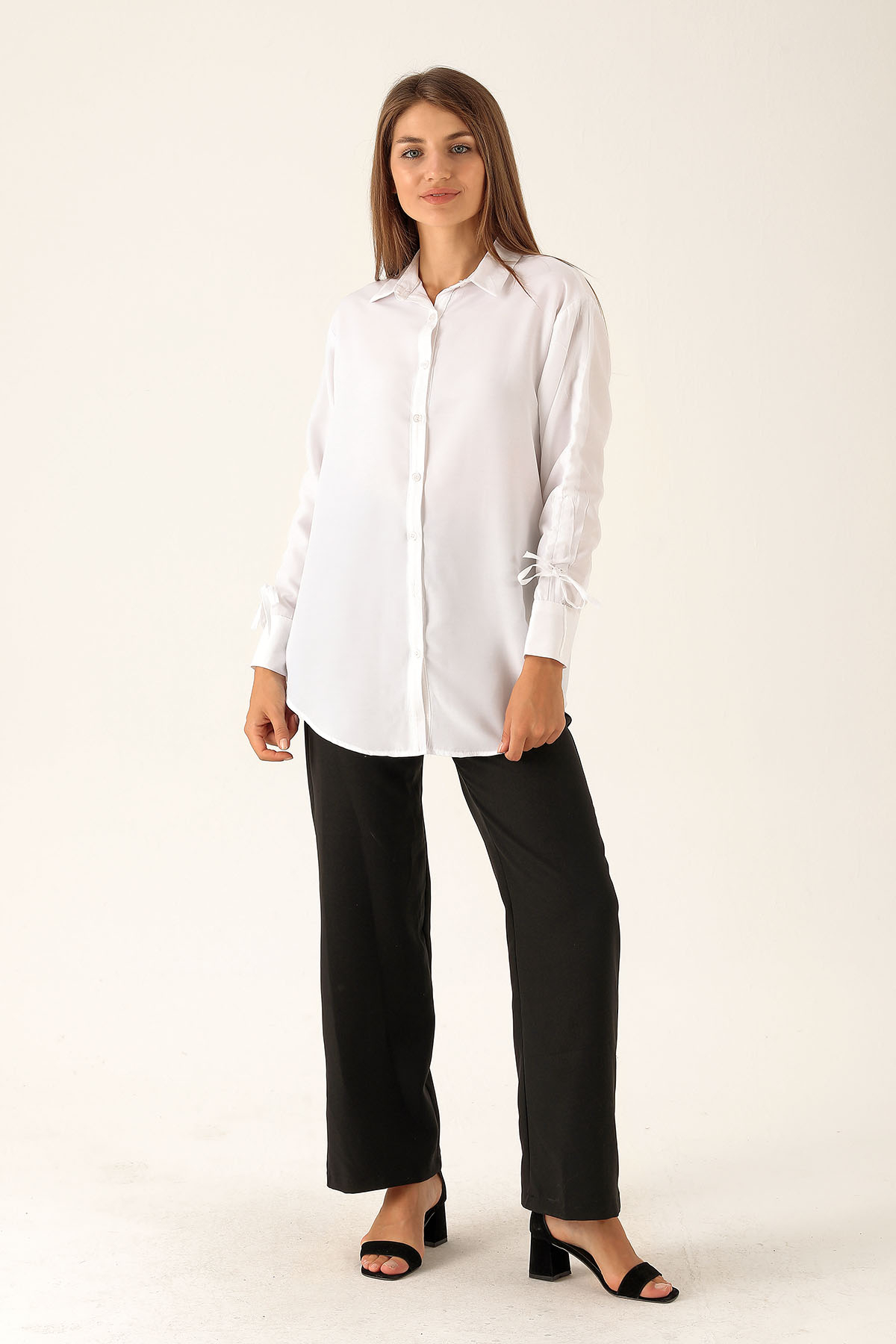 Kolları Büzgülü Bayan Gömlek - 6436A Beyaz - 5