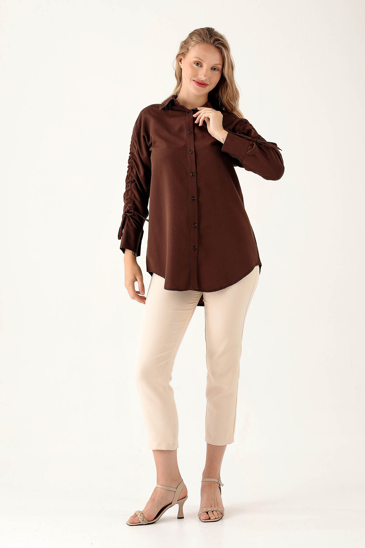 Kolları Büzgülü Bayan Gömlek - 6436A Kahve - 4