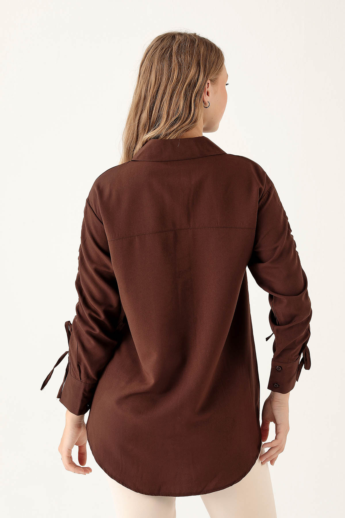 Kolları Büzgülü Bayan Gömlek - 6436A Kahve - 5