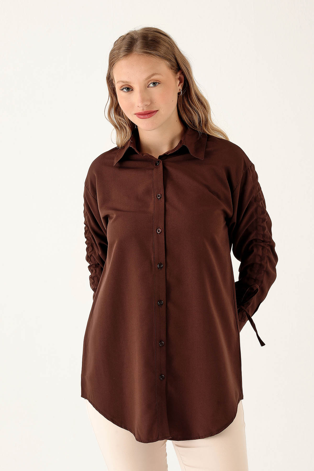 Kolları Büzgülü Bayan Gömlek - 6436A Kahve - 2