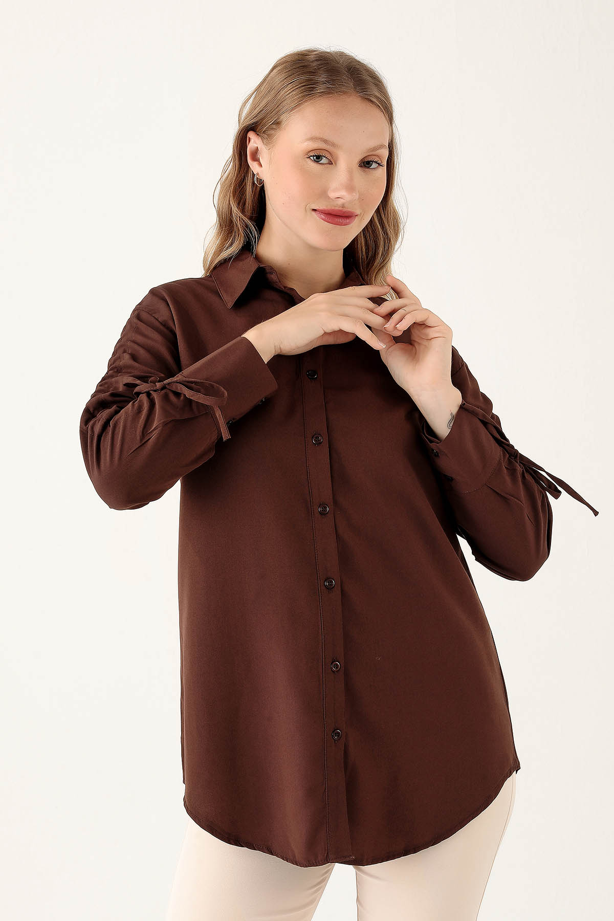 Kolları Büzgülü Bayan Gömlek - 6436A Kahve - 1