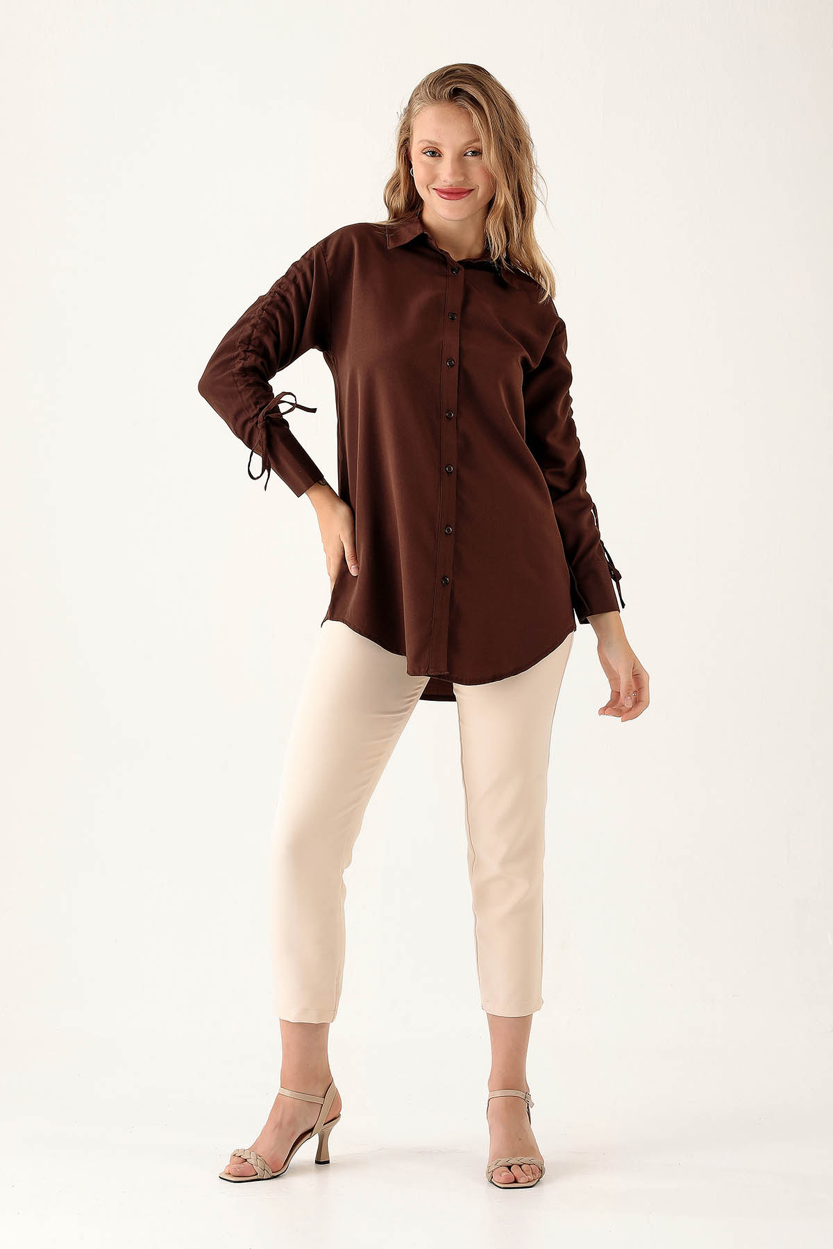 Kolları Büzgülü Bayan Gömlek - 6436A Kahve - 3