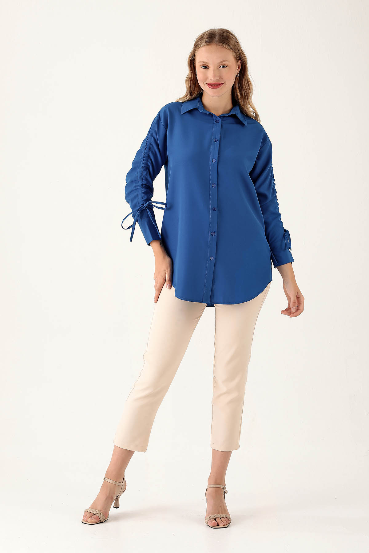 Kolları Büzgülü Bayan Gömlek - 6436A Saks - 3
