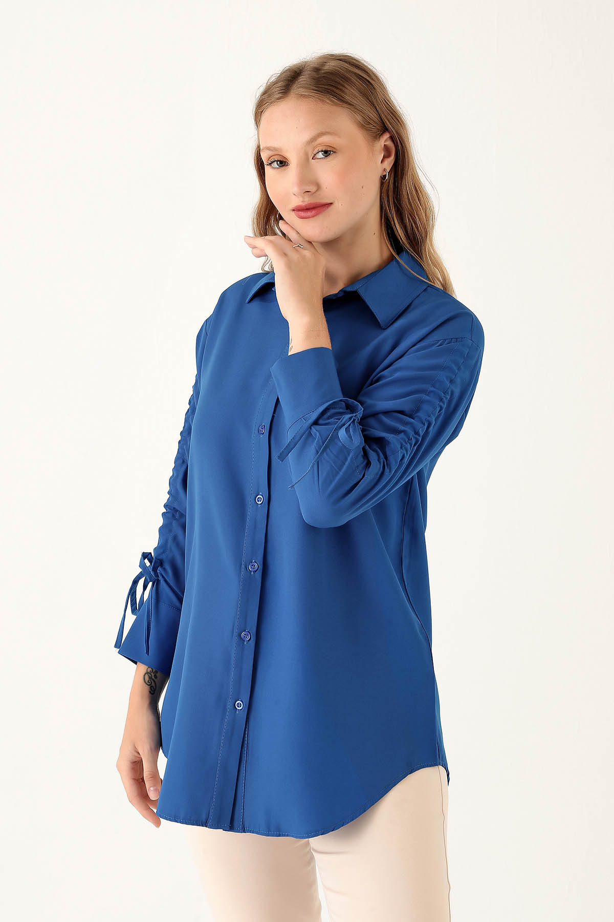 Kolları Büzgülü Bayan Gömlek - 6436A Saks 