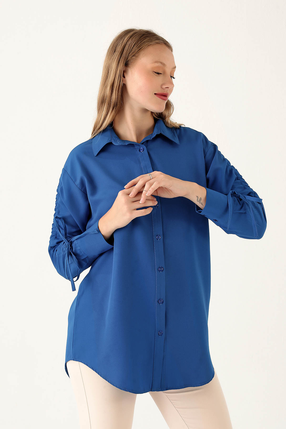 Kolları Büzgülü Bayan Gömlek - 6436A Saks - 2