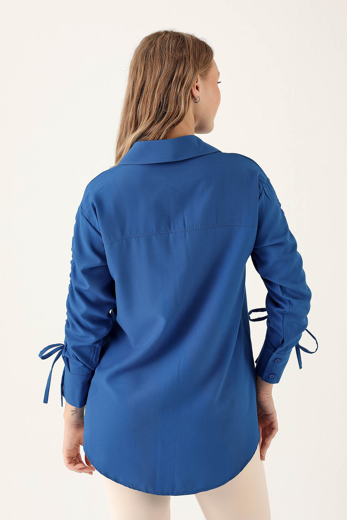 Kolları Büzgülü Bayan Gömlek - 6436A Saks - 5