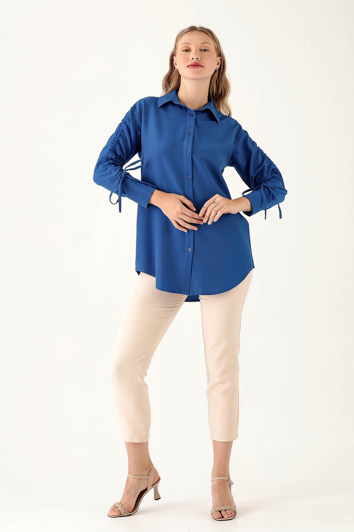 Kolları Büzgülü Bayan Gömlek - 6436A Saks - 4