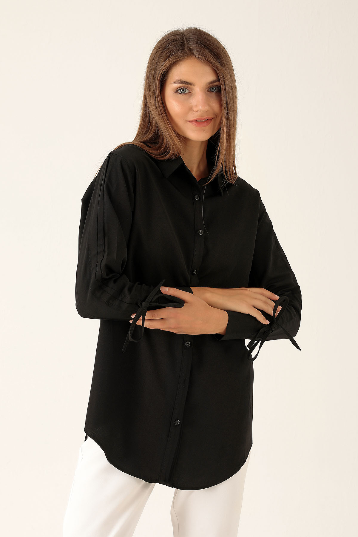 Kolları Büzgülü Bayan Gömlek - 6436A Siyah 