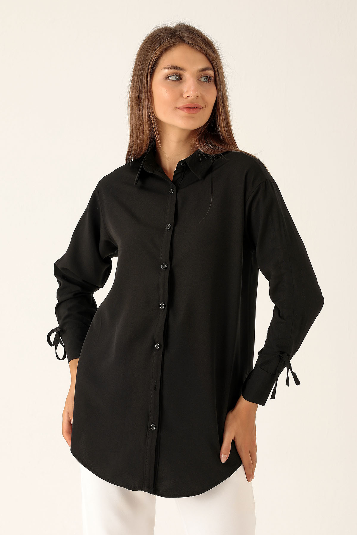 Kolları Büzgülü Bayan Gömlek - 6436A Siyah - 2