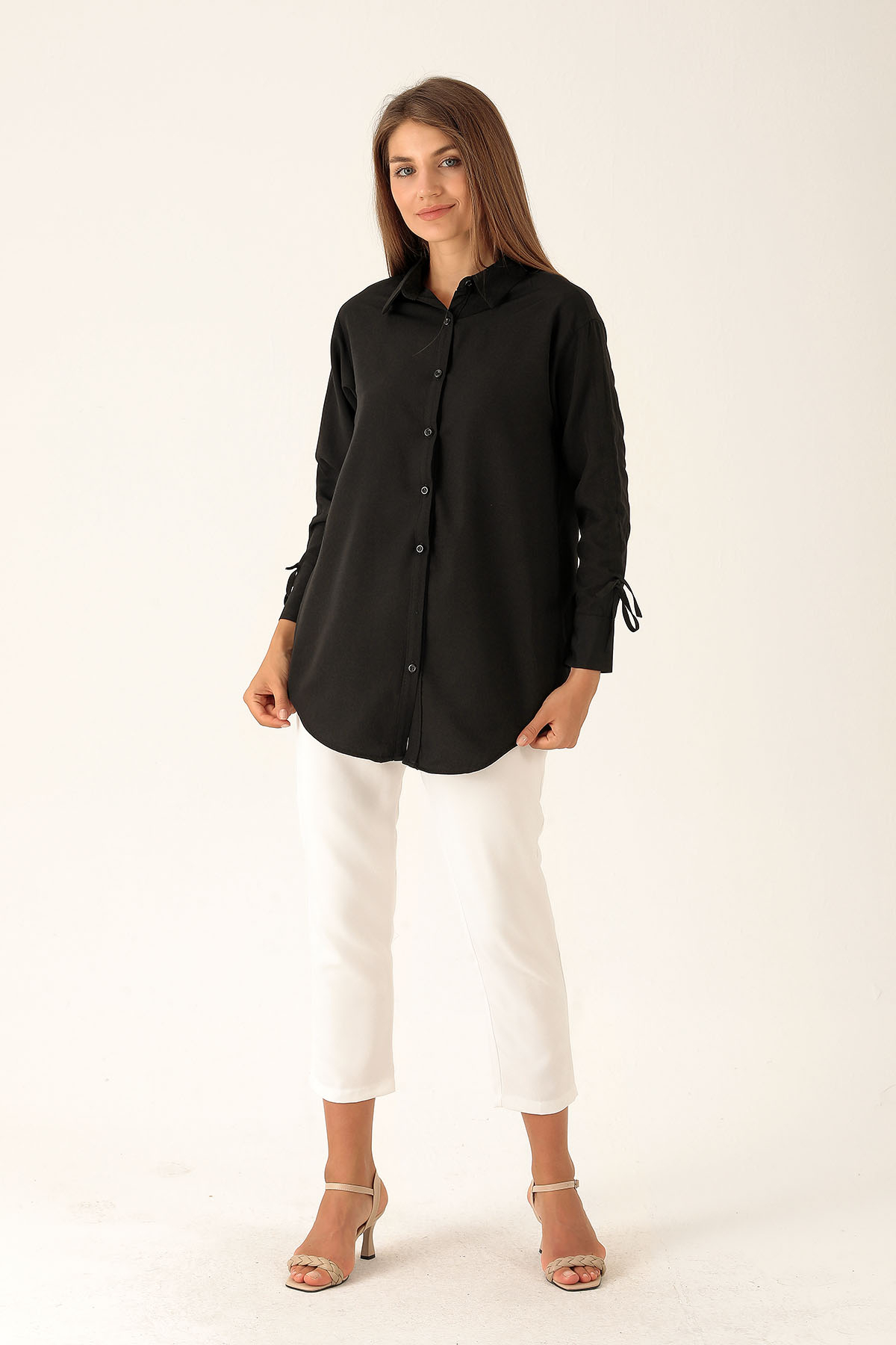 Kolları Büzgülü Bayan Gömlek - 6436A Siyah - 4