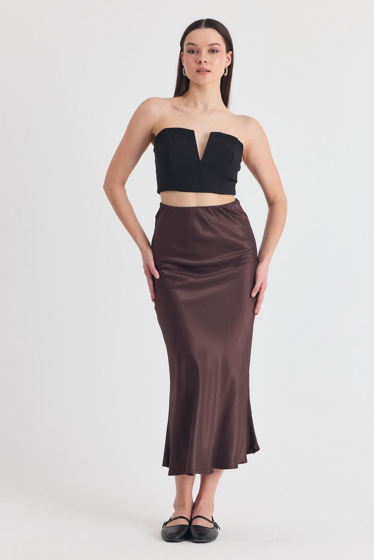 Koyu Bej Beli Lastikli Saten Midi Etek 9427 - 1