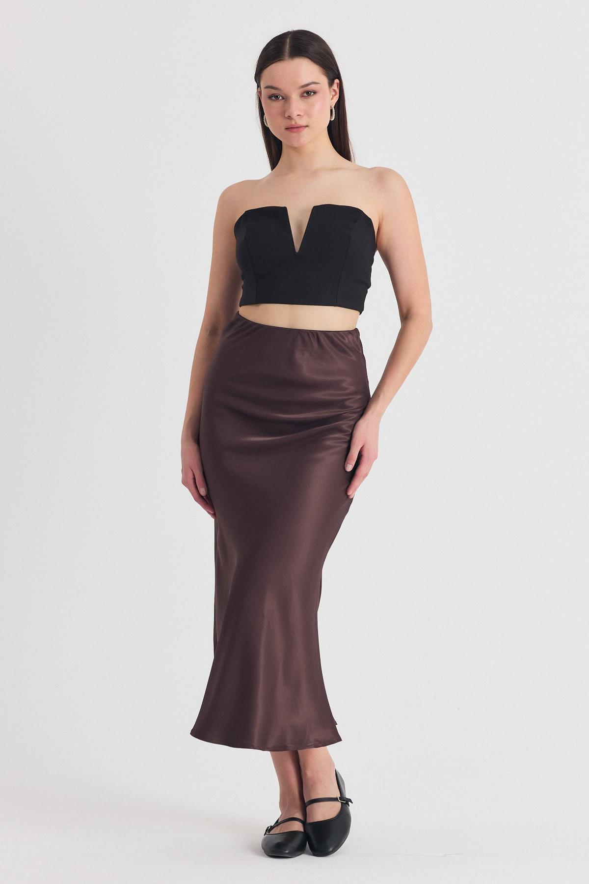 Koyu Bej Beli Lastikli Saten Midi Etek 9427 - 3