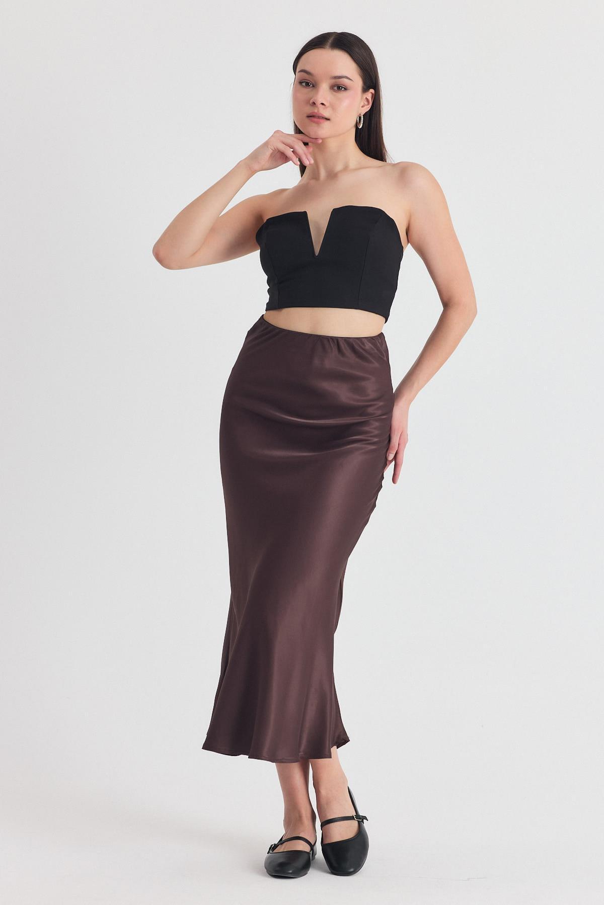 Koyu Bej Beli Lastikli Saten Midi Etek 9427 - 7