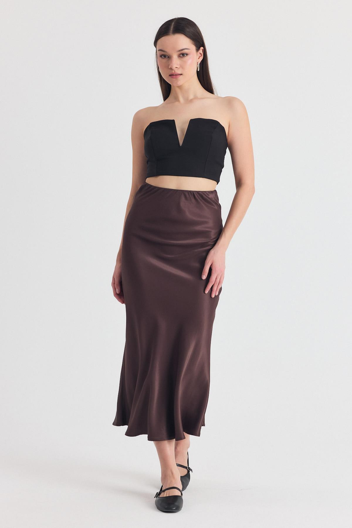 Koyu Bej Beli Lastikli Saten Midi Etek 9427 - 4