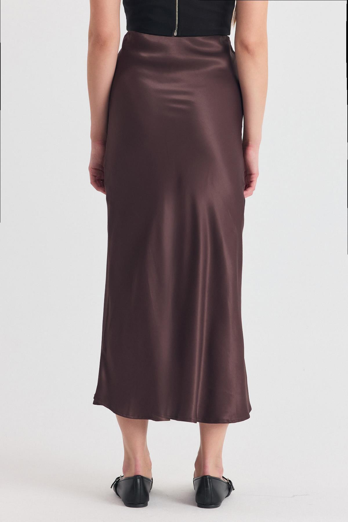 Koyu Bej Beli Lastikli Saten Midi Etek 9427 - 5