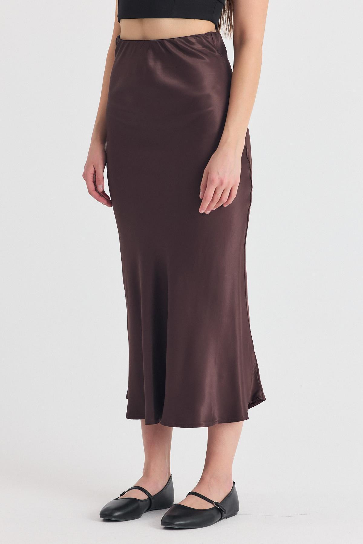 Koyu Bej Beli Lastikli Saten Midi Etek 9427 - 2