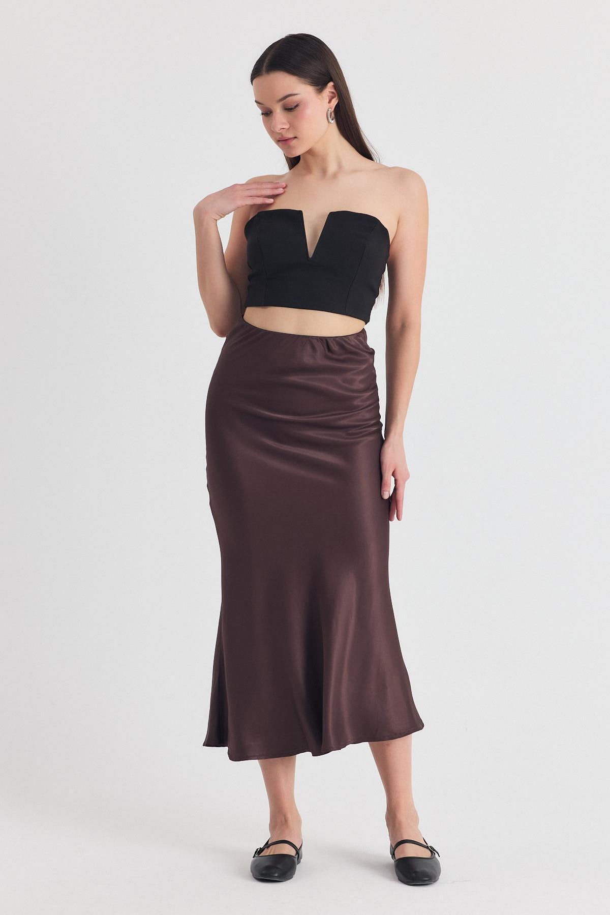 Koyu Bej Beli Lastikli Saten Midi Etek 9427 - 6
