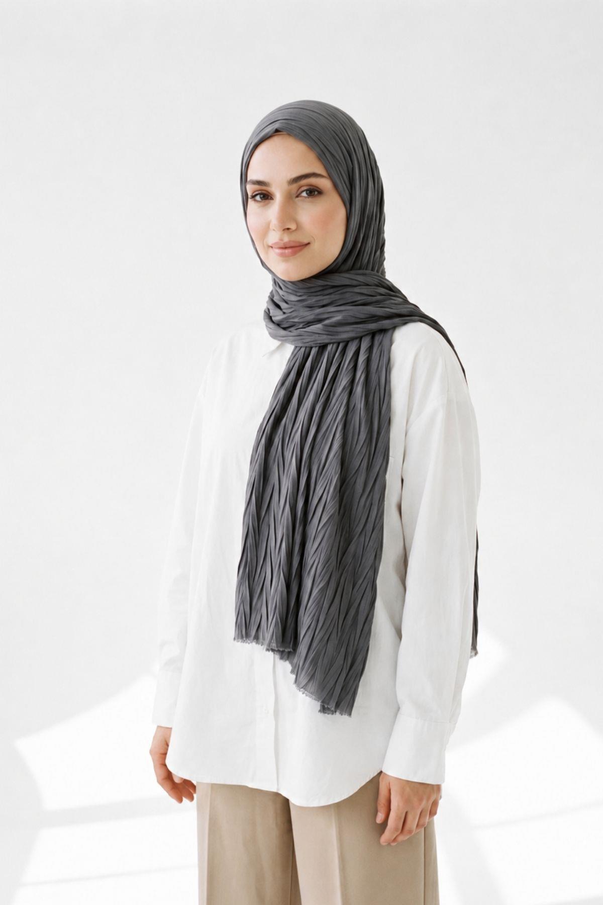 Koyu Gri Pliseli Bambu Şal 5673 - 3