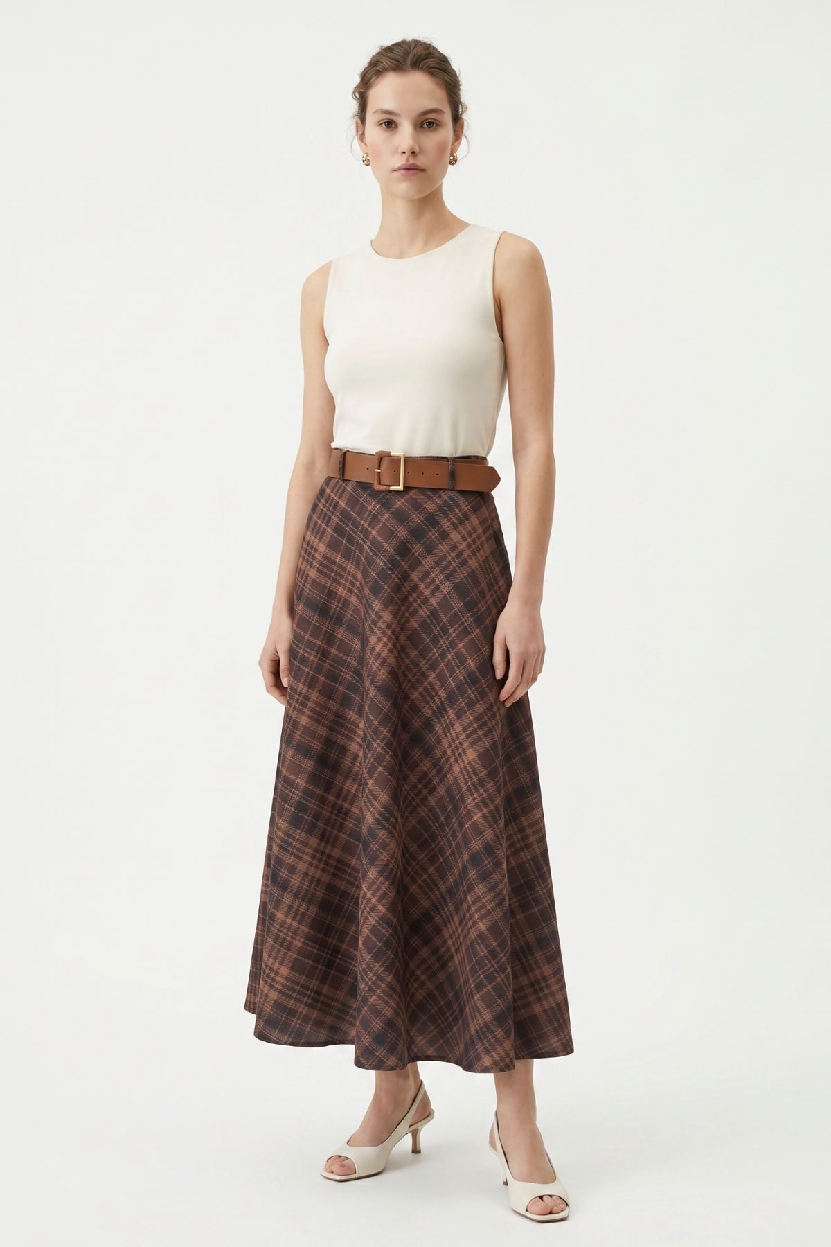 Koyu Kahve Desenli Kemerli Etek 1344 - RAYS