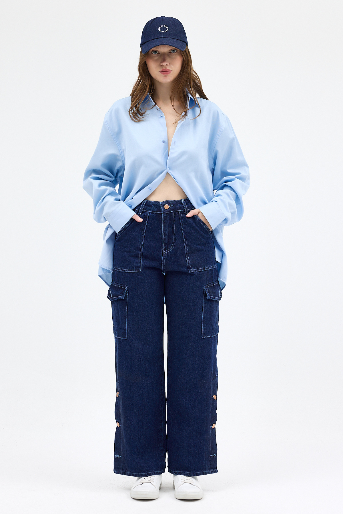 Koyu Mavi Kadın Paça Düğmeli Yüksek Bel Jean Kargo Pantolon 1055 - RAYS