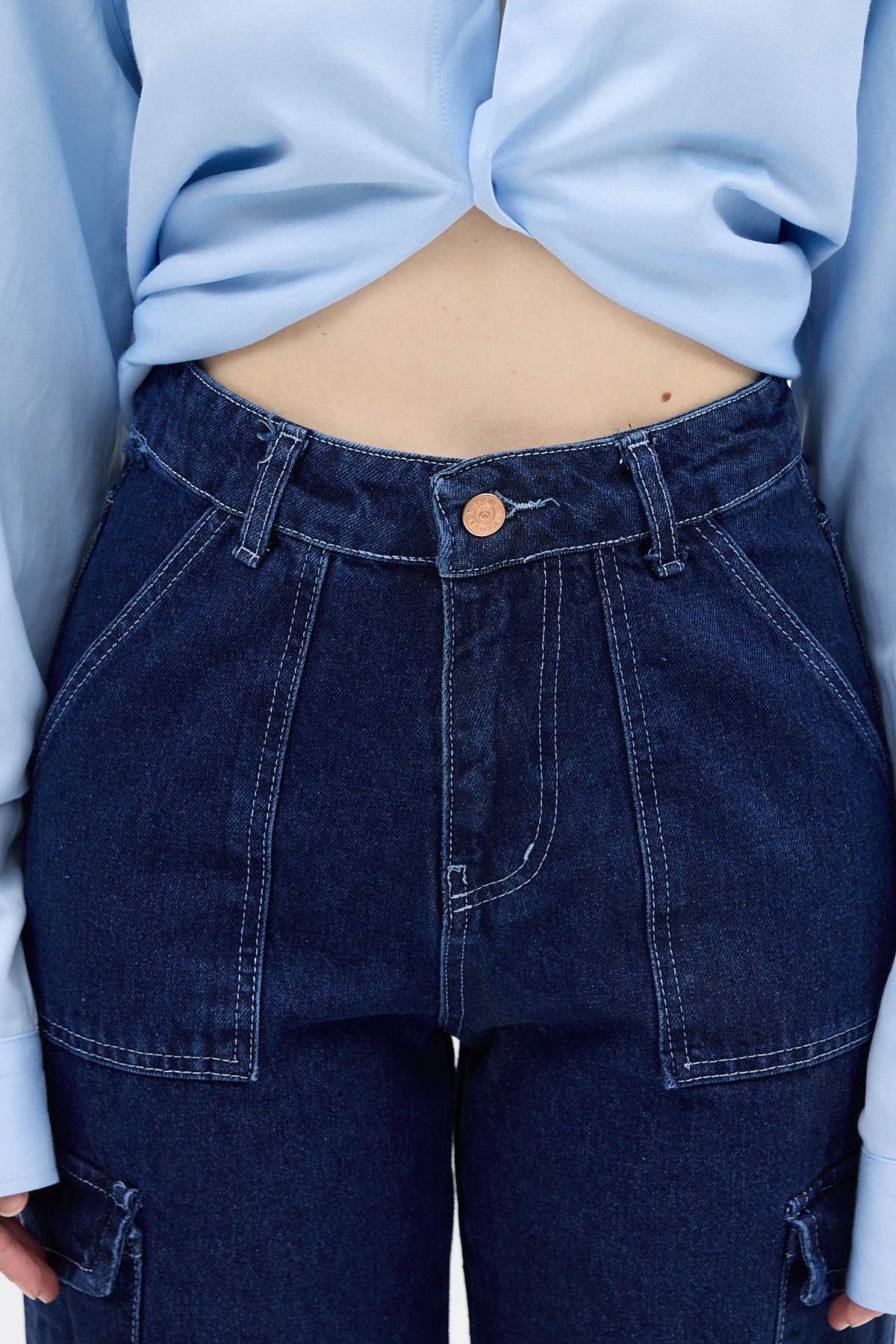 Koyu Mavi Kadın Paça Düğmeli Yüksek Bel Jean Kargo Pantolon 1055 - 4