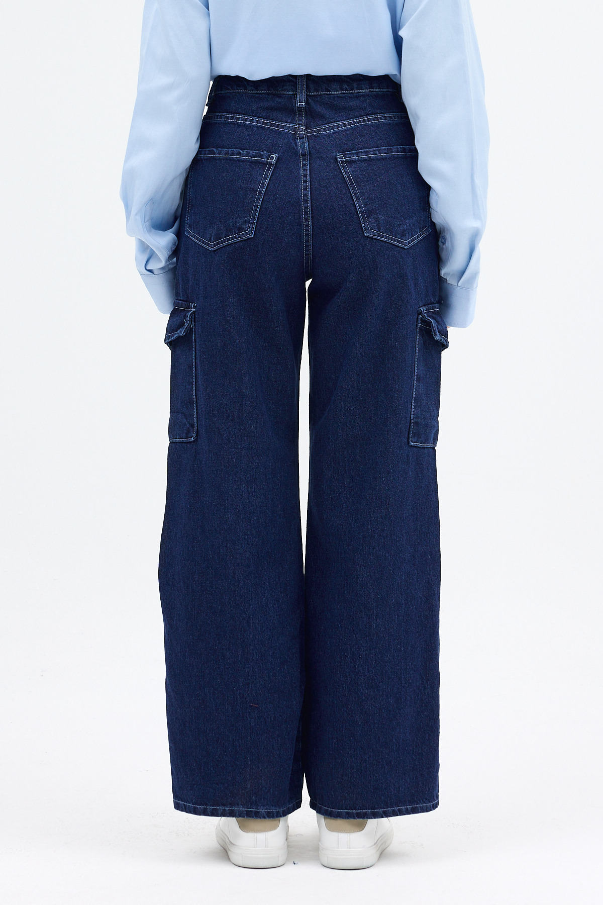 Koyu Mavi Kadın Paça Düğmeli Yüksek Bel Jean Kargo Pantolon 1055 - 5