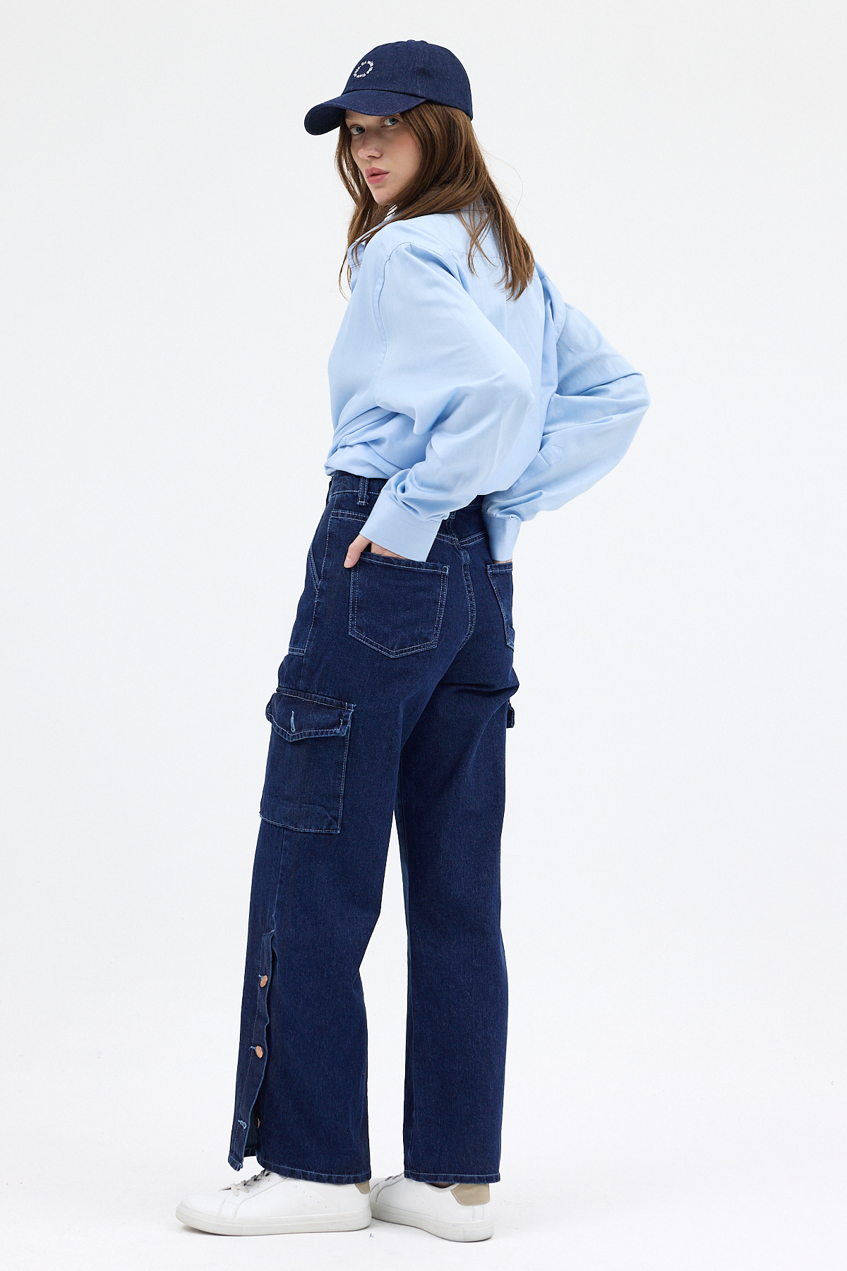Koyu Mavi Kadın Paça Düğmeli Yüksek Bel Jean Kargo Pantolon 1055 - 7