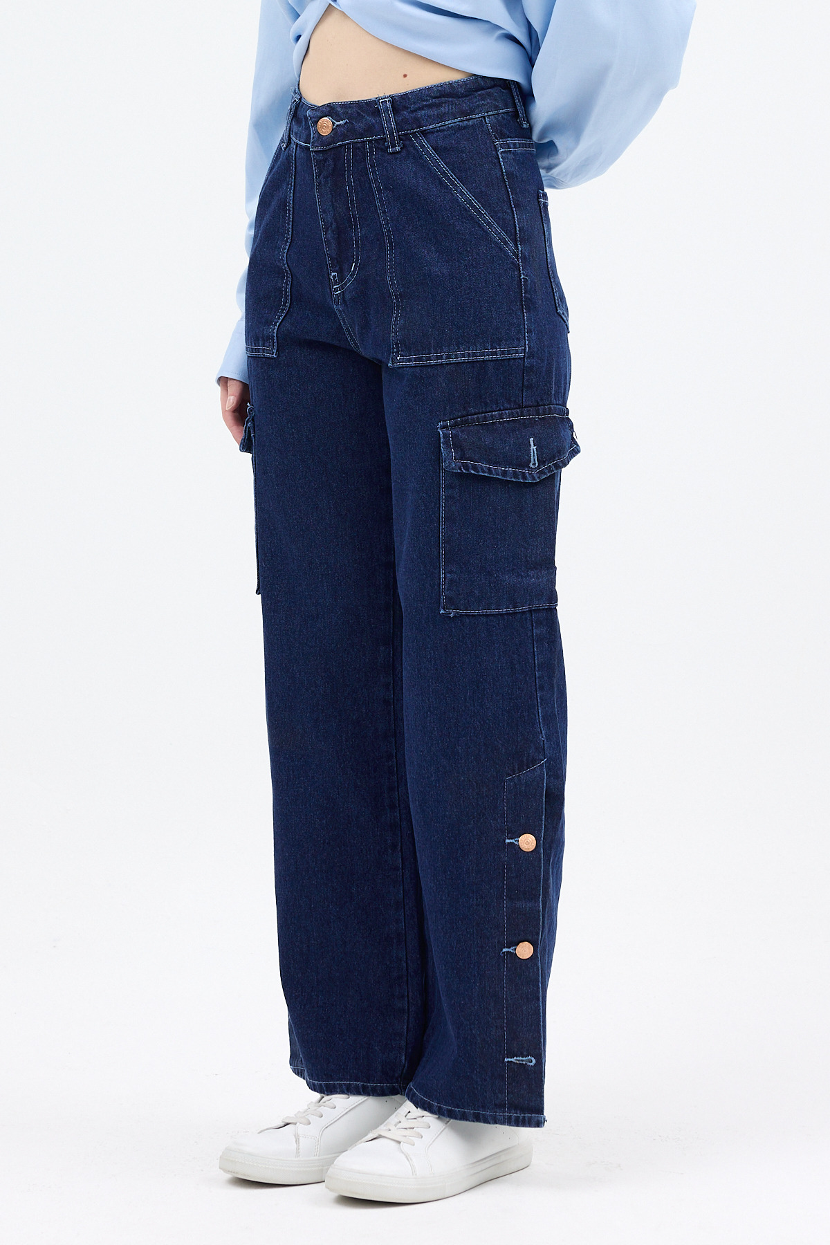 Koyu Mavi Kadın Paça Düğmeli Yüksek Bel Jean Kargo Pantolon 1055 - 3