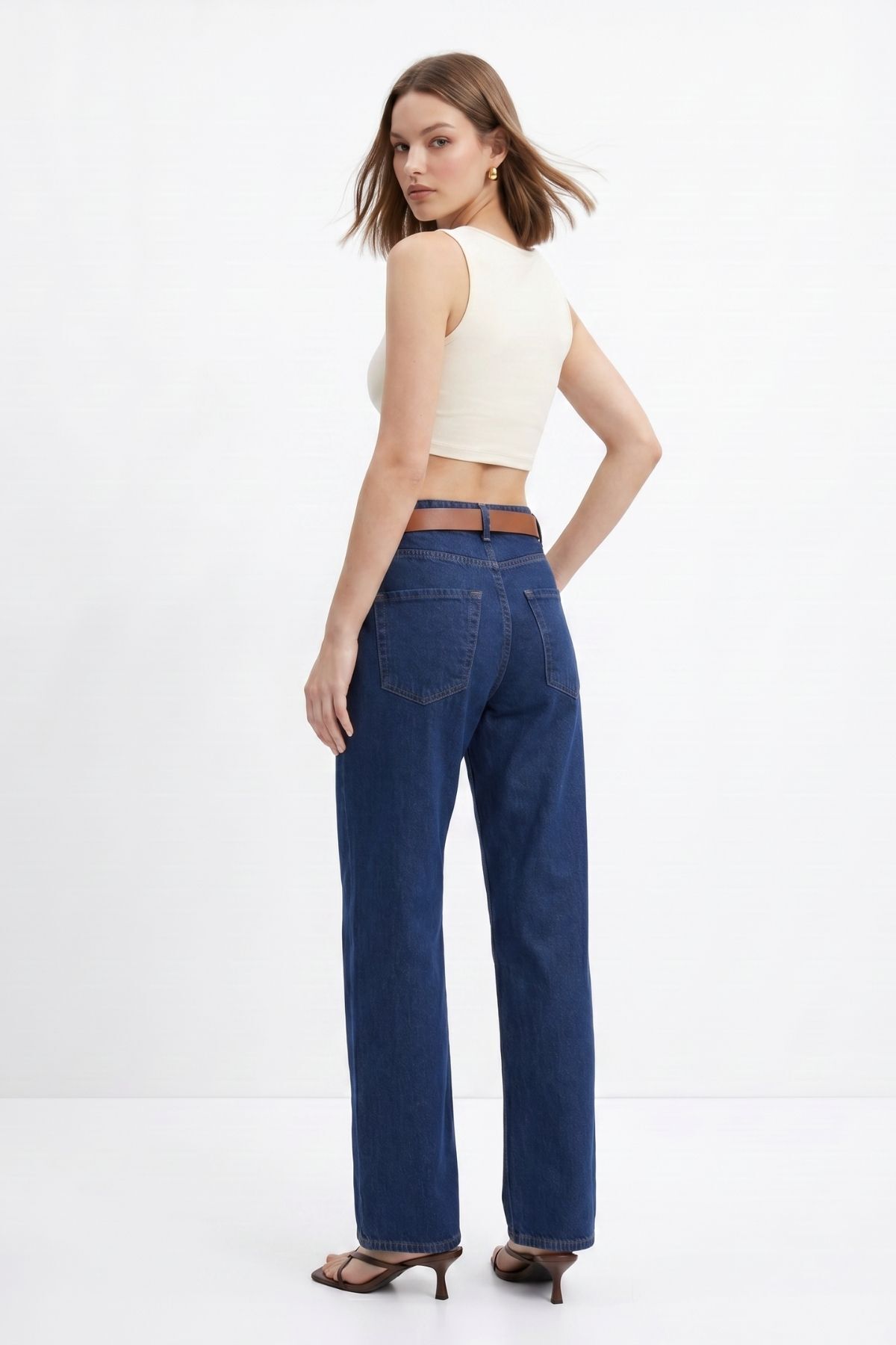 Yüksek Bel Kemerli Jean 3069 Koyu Mavi - 3