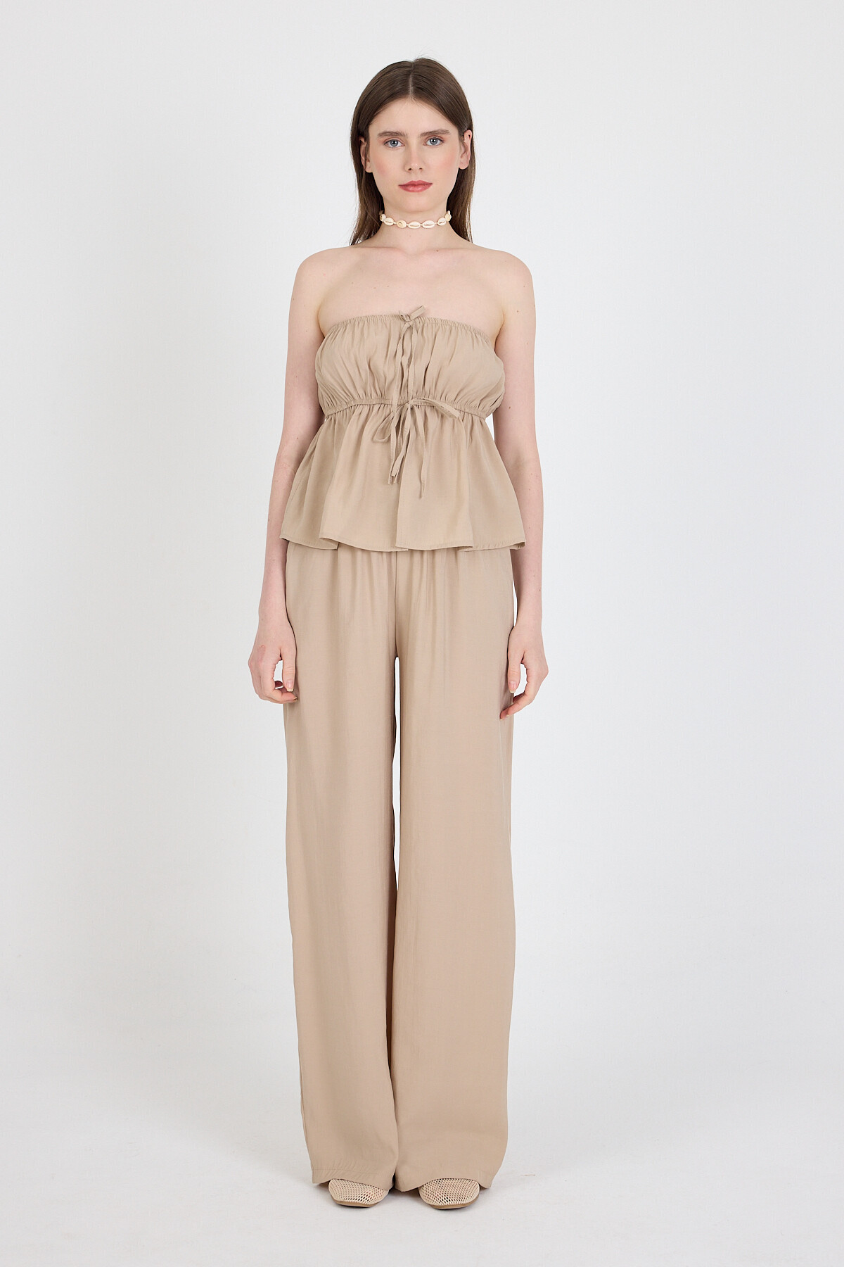 Koyu Taş Mavi Straplez Bluz ve Geniş Paça Pantolon İkili Takım 5236 - RAYS