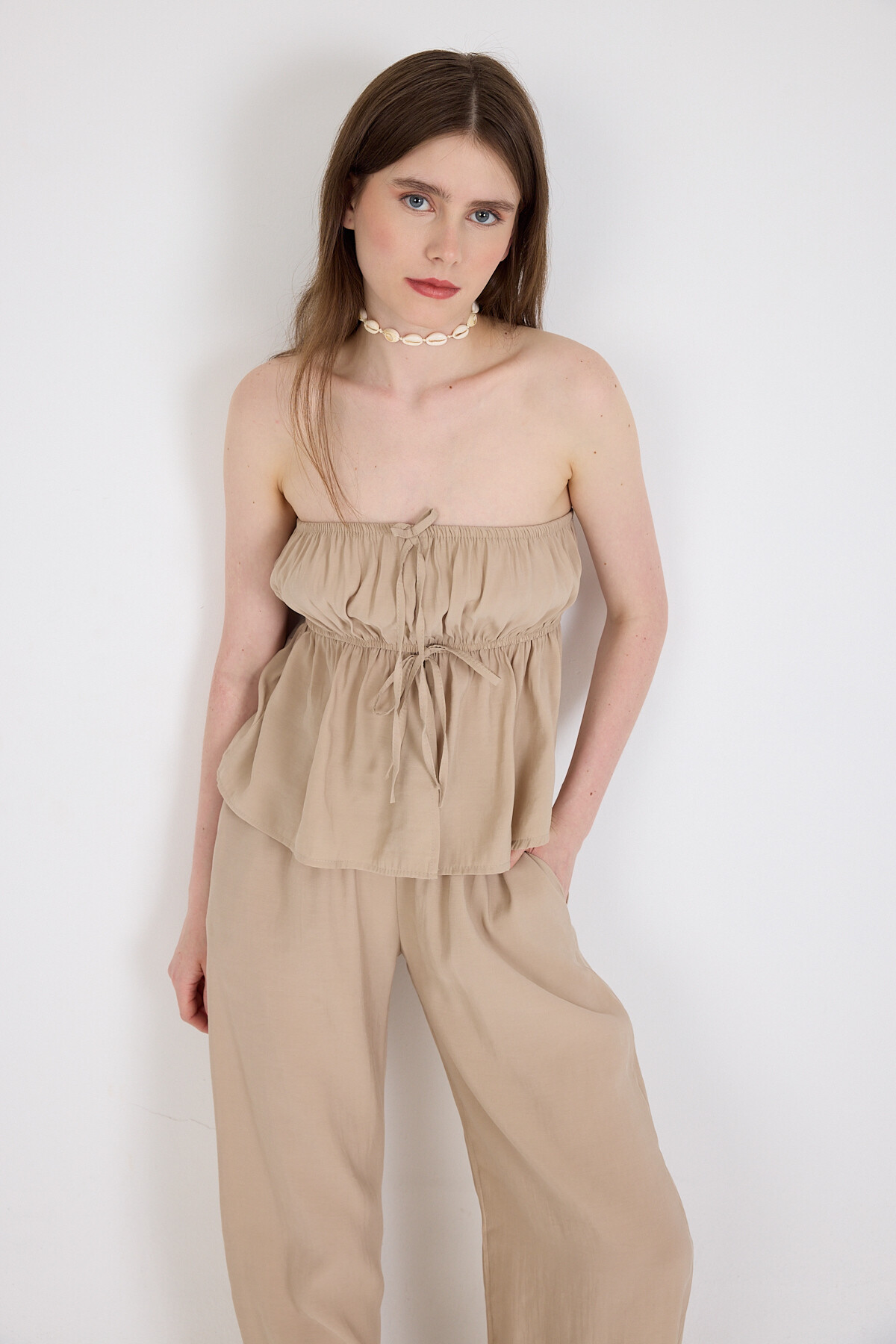 Koyu Taş Mavi Straplez Bluz ve Geniş Paça Pantolon İkili Takım 5236 - RAYS