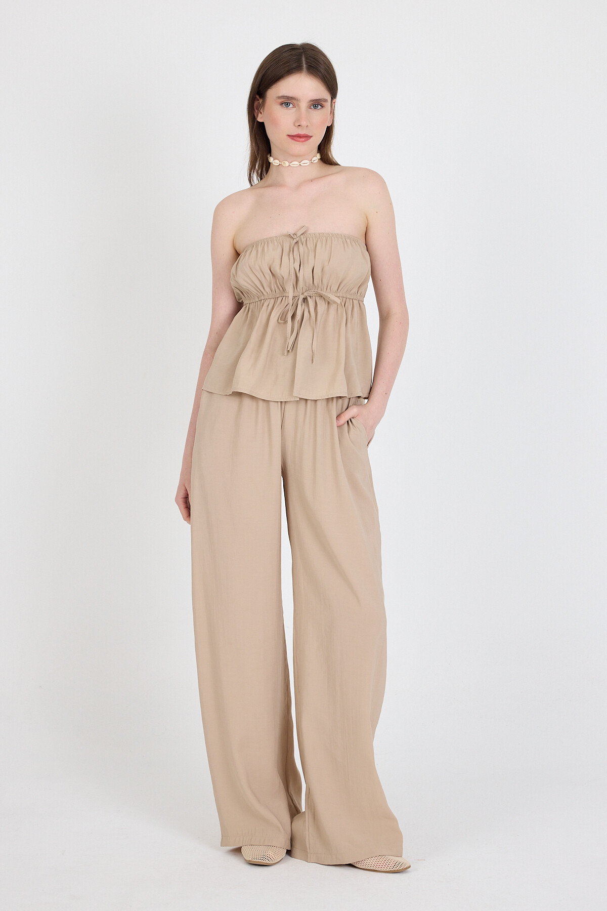 Koyu Taş Mavi Straplez Bluz ve Geniş Paça Pantolon İkili Takım 5236 