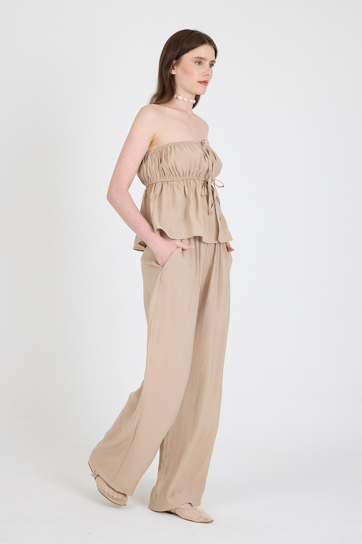 Koyu Taş Mavi Straplez Bluz ve Geniş Paça Pantolon İkili Takım 5236 - 6