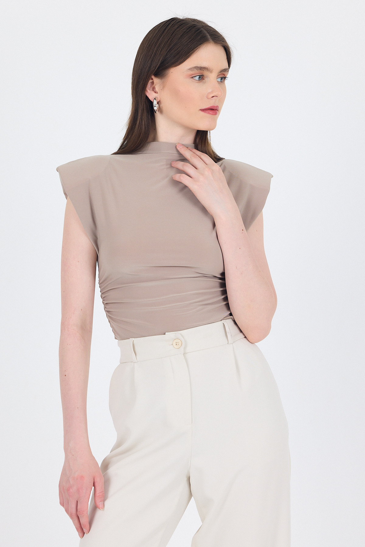 Koyu Taş Vatkalı Dik Yaka Drapeli Bluz 13185 - RAYS